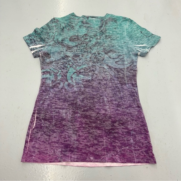 Y2K Harley Davidson Skull Sheer Shirt Multicolor Fitted Slim Women’s XL - Picture 2 of 5